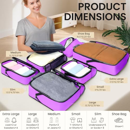 BAGAIL 4 Set/6 Set/8 Set Compression Packing Cubes Travel Accessories Expandable Packing Organizers(Purple HalfMesh 6 Set) - Image 2