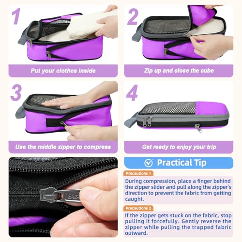 BAGAIL 4 Set/6 Set/8 Set Compression Packing Cubes Travel Accessories Expandable Packing Organizers(Purple HalfMesh 6 Set) - Image 4