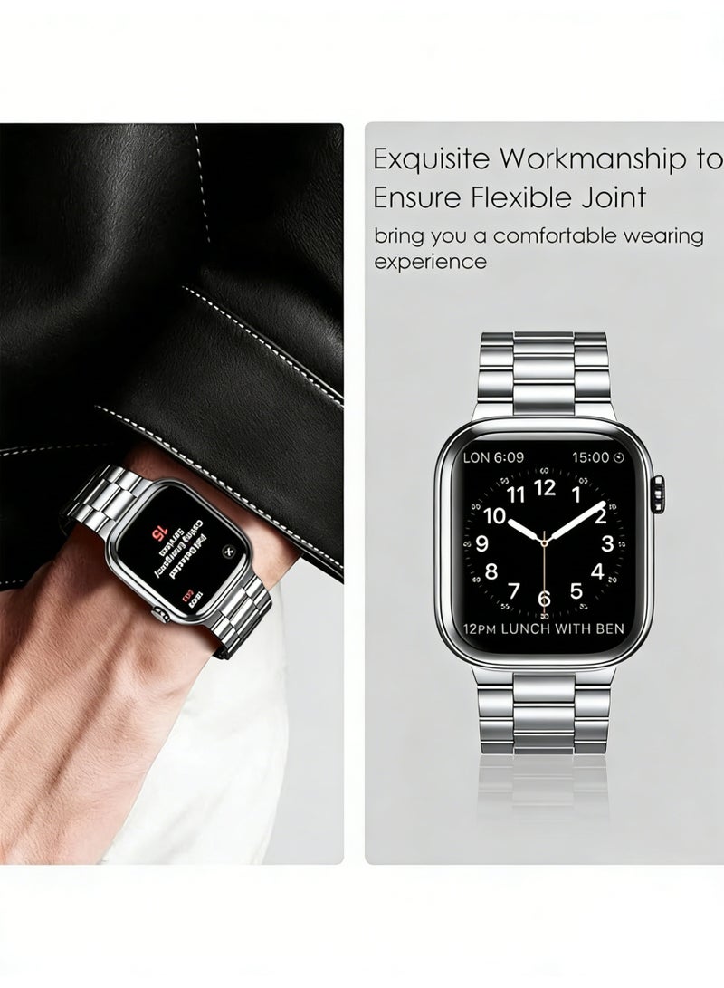 سوار من الفولاذ المقاوم للصدأ مع أداة قابلة للتعديل لساعة Apple Watch 42 44 45 46 49 مم متوافق مع Ultra 2 Ultra SE Series 9 8 7 6 5 4 3 2 1، تصميم فضي أنيق للرجال والنساء للاجتماعات المكتبية وتجمعات العيد والاستخدام اليومي - Image 3