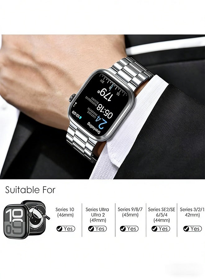 سوار من الفولاذ المقاوم للصدأ مع أداة قابلة للتعديل لساعة Apple Watch 42 44 45 46 49 مم متوافق مع Ultra 2 Ultra SE Series 9 8 7 6 5 4 3 2 1، تصميم فضي أنيق للرجال والنساء للاجتماعات المكتبية وتجمعات العيد والاستخدام اليومي - Image 2