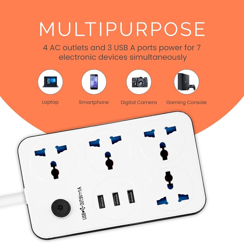 ELONSEY 10m Universal Power Extension Cord with 4 Power Plugs 4 Power Strip Outlets, 4 Way Power Strip, Extension Lead 10 meters - White (10M 4S) - Image 3