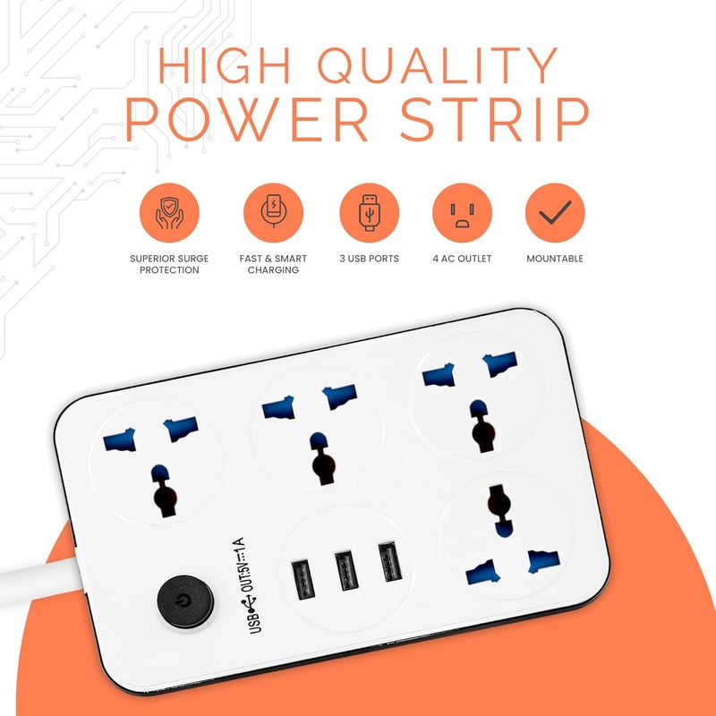ELONSEY 10m Universal Power Extension Cord with 4 Power Plugs 4 Power Strip Outlets, 4 Way Power Strip, Extension Lead 10 meters - White (10M 4S) - Image 1