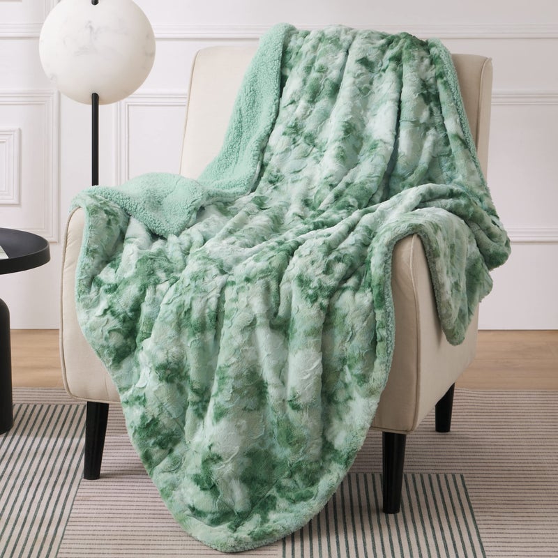 Bedsure GentleSoft Sherpa Fluffy Blanket Twin Size (150 cm x 200 cm) - Fleece Warm and Cozy Fuzzy Faux Fur Throw for Couch, Sofa, Bed Decor, Tie Dye Design, Sage Green - Image 1