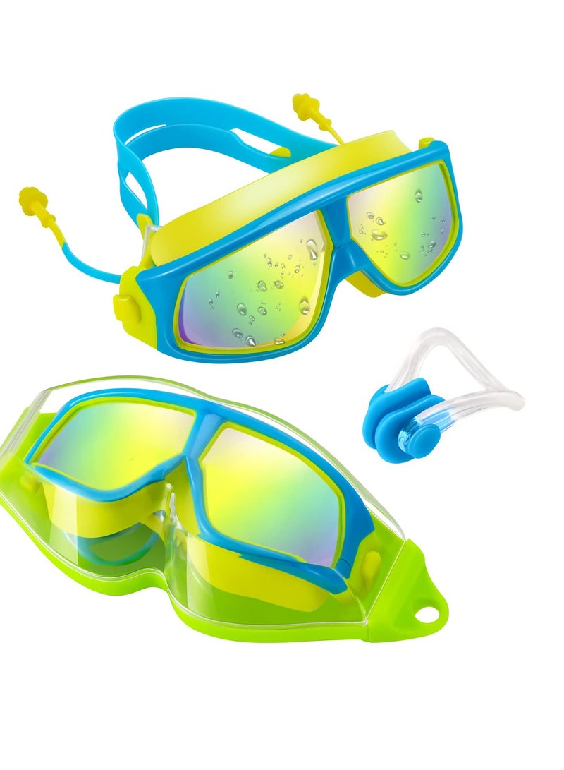 Kids Waterproof Swimming Goggles, Underwater Clear Vision Anti-fog UV Protection Without Leakage Soft Silicone Large Frame with Ear Plugs (Blue and Yellow) - Image 1