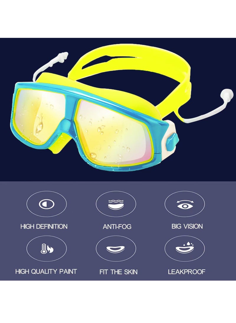 Kids Waterproof Swimming Goggles, Underwater Clear Vision Anti-fog UV Protection Without Leakage Soft Silicone Large Frame with Ear Plugs (Blue and Yellow) - Image 2