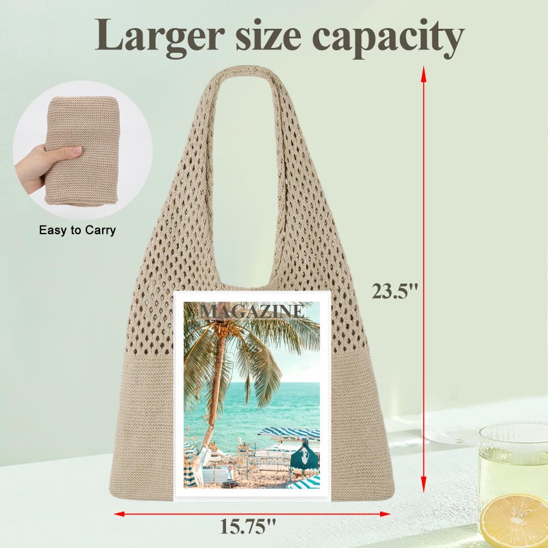 SUOSDEY Crochet Mesh Beach Tote Bag, Summer Vacation Aesthetic Knit Boho Bag for Women,khaki - Image 3
