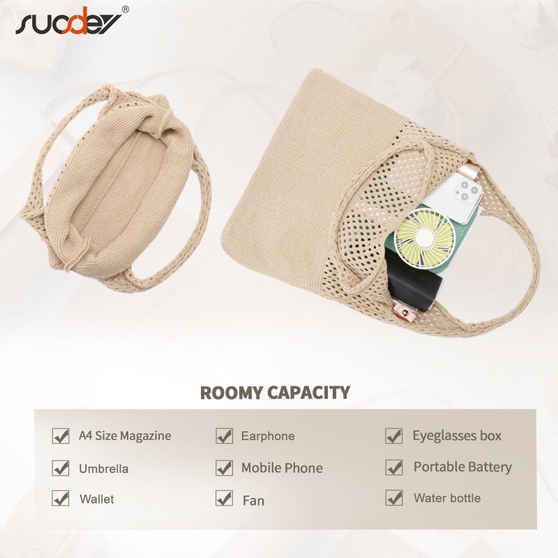 SUOSDEY Crochet Mesh Beach Tote Bag, Summer Vacation Aesthetic Knit Boho Bag for Women,khaki - Image 4