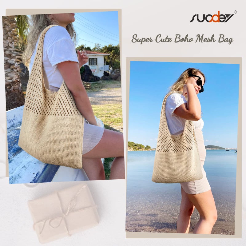 SUOSDEY Crochet Mesh Beach Tote Bag, Summer Vacation Aesthetic Knit Boho Bag for Women,khaki - Image 2