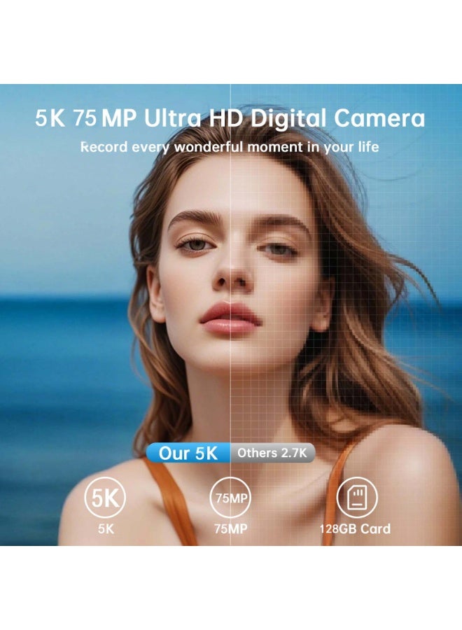 Generic 5K Digital Camera - WiFi 75MP Cameras for Photography - UHD Vlogging Camera for YouTube with 3" 180° Flip Screen - Autofocus Compact Video Travel Camara with 18X Zoom, 128GB SD Card - Image 3