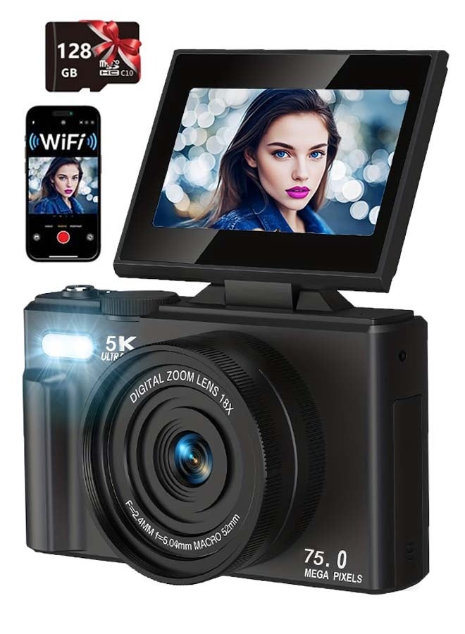 Generic 5K Digital Camera - WiFi 75MP Cameras for Photography - UHD Vlogging Camera for YouTube with 3" 180° Flip Screen - Autofocus Compact Video Travel Camara with 18X Zoom, 128GB SD Card - Image 1