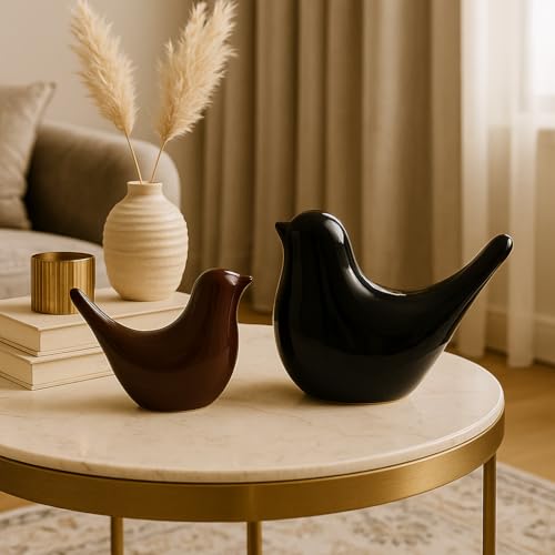 SRJANA Creative Black and Brown Glossy Ceramic Birds Figurines Home Decorations Accessories Party (Pack of 2, Black and Brown) - Image 1
