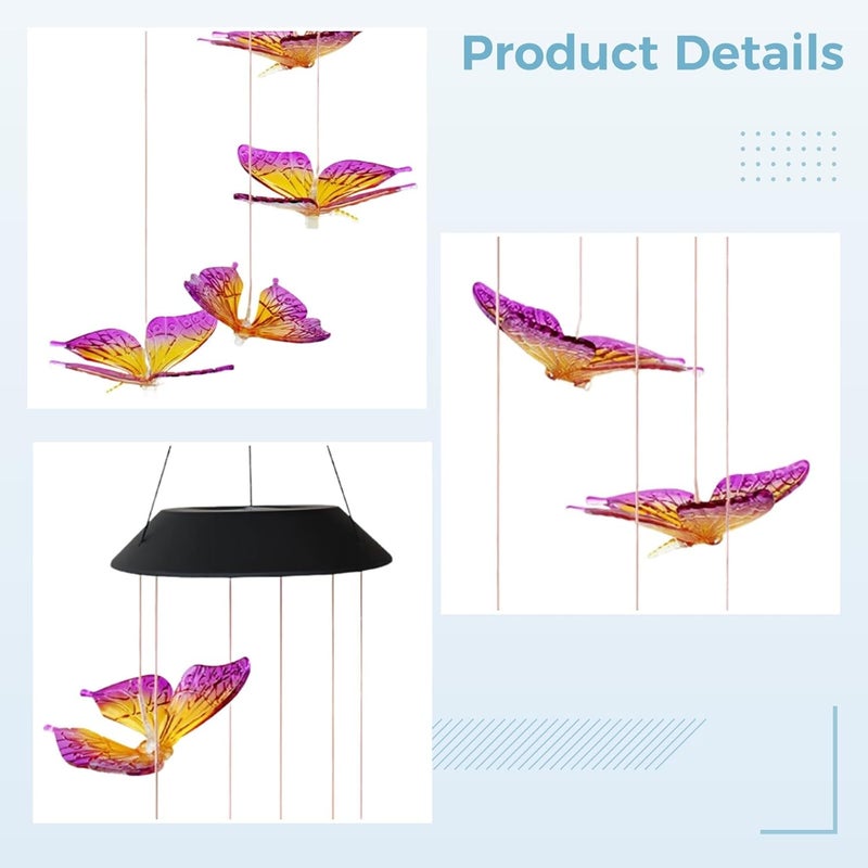 Solar Butterfly Wind Chime, and Yellow Color Changing, Waterproof Resin Butterfly Garden Decor, Solar Panel Operated, 19.3 in / 49 Cm Total Length - Image 1
