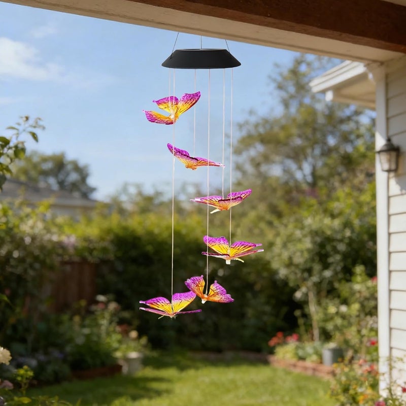 Solar Butterfly Wind Chime, and Yellow Color Changing, Waterproof Resin Butterfly Garden Decor, Solar Panel Operated, 19.3 in / 49 Cm Total Length - Image 2