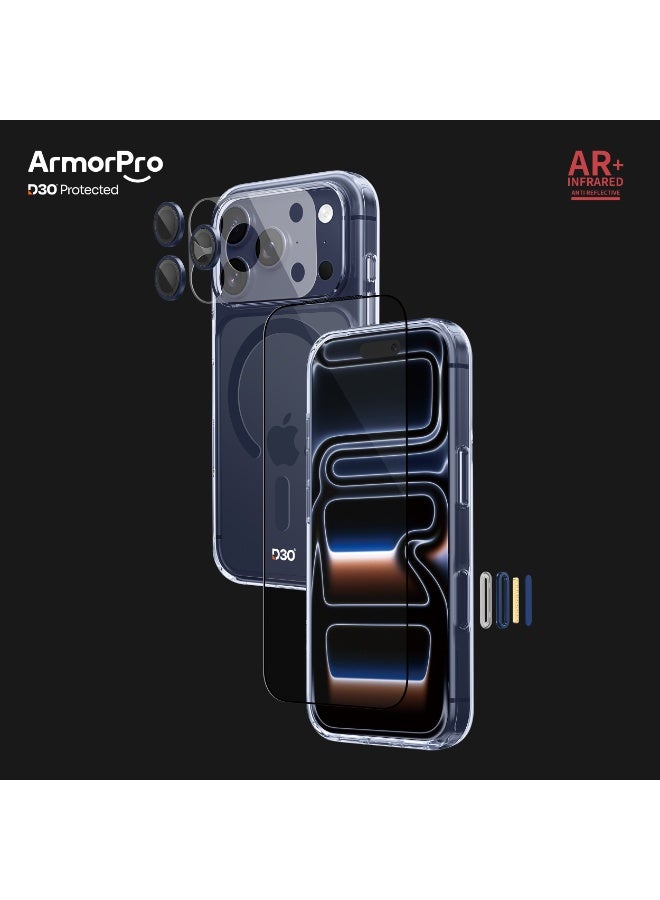 ارمور برو مجموعة حماية 4-in-1، iPhone 17 Pro، تقنية D3O، وضوح HD، مضاد للانعكاس، أزرق داكن - Image 1