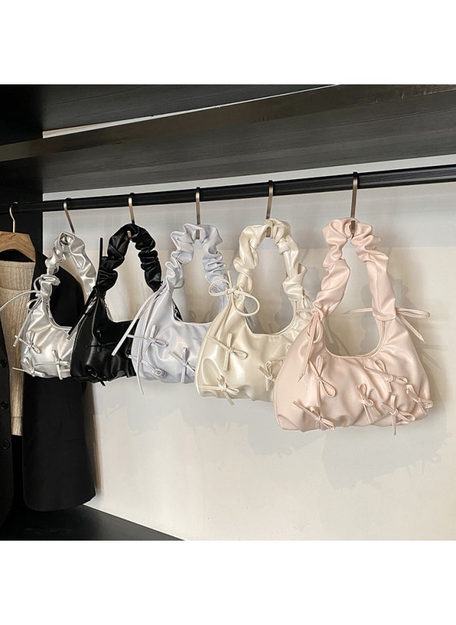 Generic - Niche Pleated Bow Women's Hand Bag 2025 Spring Korean Underarm Bag Single Shoulder Cloud Bag-Color:Silver - Image 1