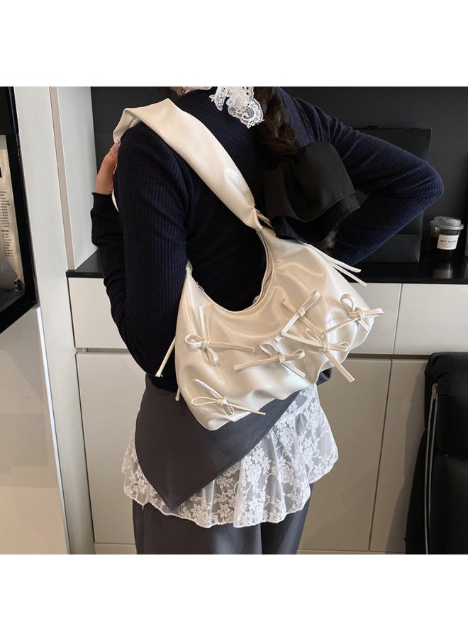 Generic - Niche Pleated Bow Women's Hand Bag 2025 Spring Korean Underarm Bag Single Shoulder Cloud Bag-Color:Silver - Image 1