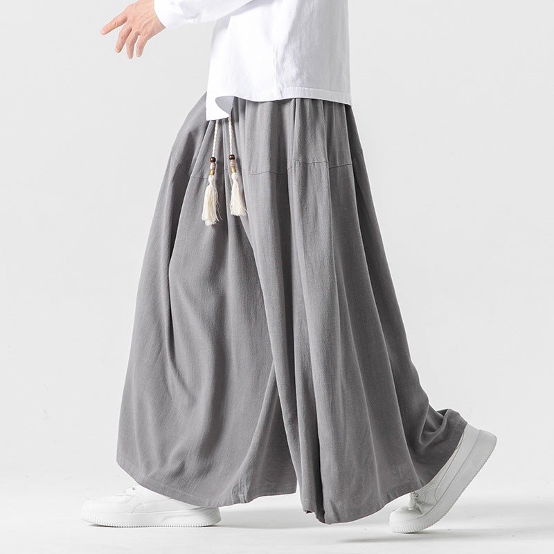 Autumn Chinese Style Plus Size Cotton And Linen Straight Leg Pants Japanese Style Retro Solid Color Loose Skirt Pants For Men - Image 2