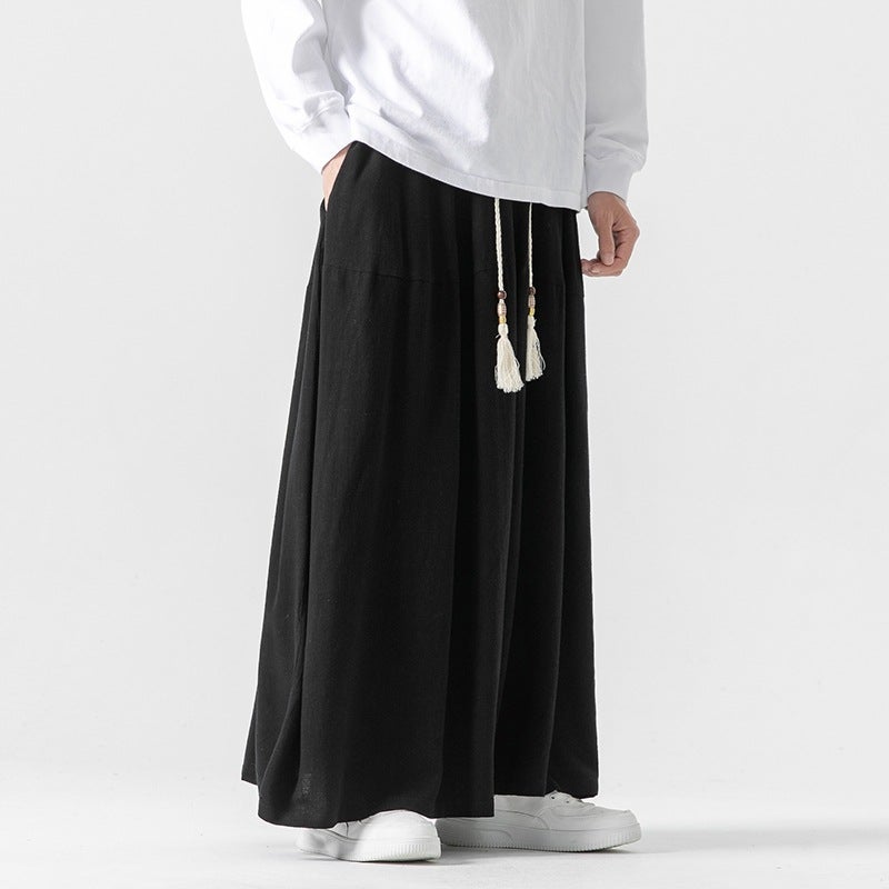 Autumn Chinese Style Plus Size Cotton And Linen Straight Leg Pants Japanese Style Retro Solid Color Loose Skirt Pants For Men - Image 5