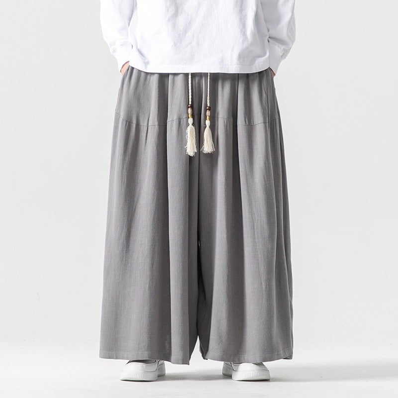 Autumn Chinese Style Plus Size Cotton And Linen Straight Leg Pants Japanese Style Retro Solid Color Loose Skirt Pants For Men - Image 1