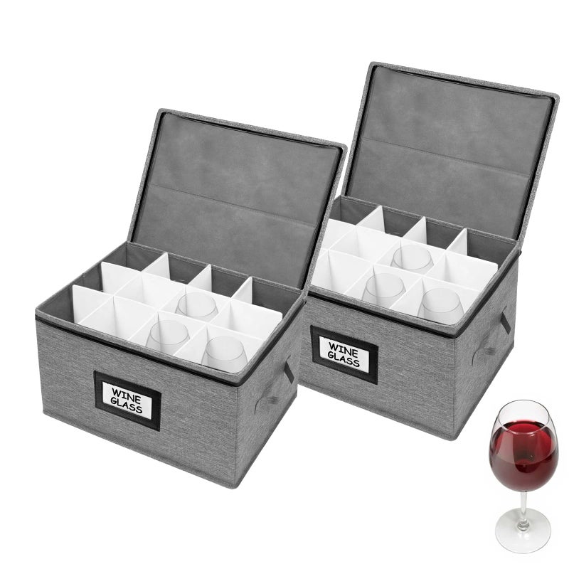 HURZMORO Wine Glass Storage Box with Dividers â€“ Durable Oxford Fabric Stemware Case for 12 Highball Glasses,Stackable & Portable Wine Glass Storage Box with Handles & Zipper for Safe Moving (2-Pack) - Image 1