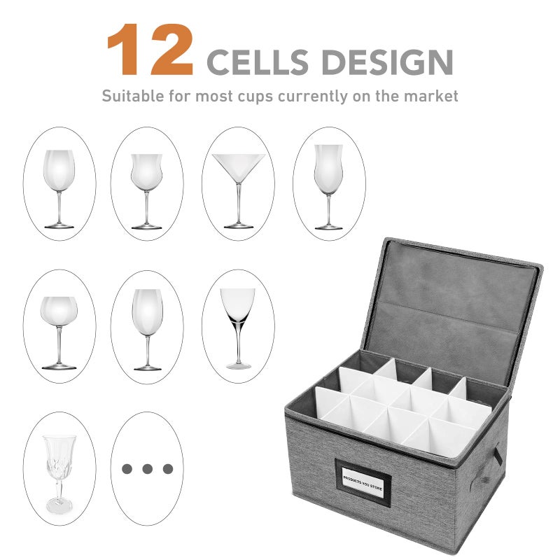 HURZMORO Wine Glass Storage Box with Dividers â€“ Durable Oxford Fabric Stemware Case for 12 Highball Glasses,Stackable & Portable Wine Glass Storage Box with Handles & Zipper for Safe Moving (2-Pack) - Image 3