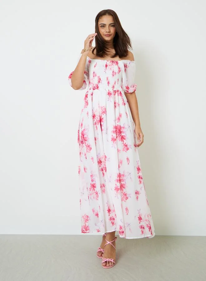 Styli White Off Shoulder Floral Maxi Dress