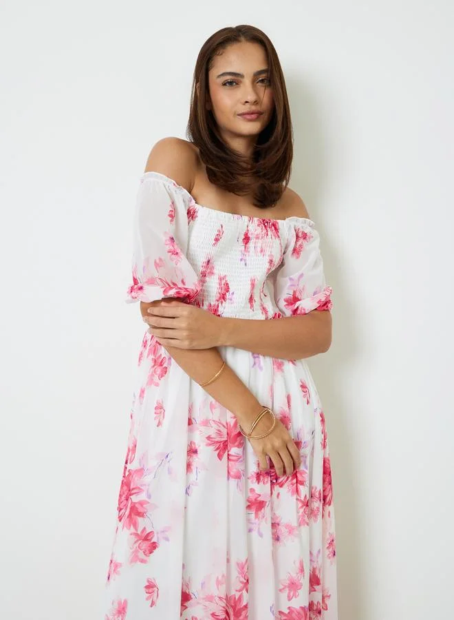Styli White Off Shoulder Floral Maxi Dress