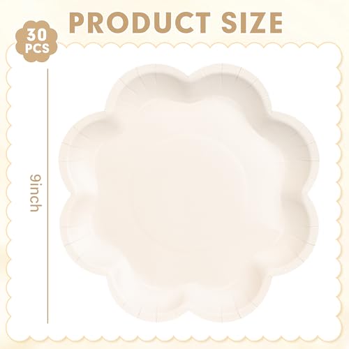 ZUQMZUQ 30 Pcs Ivory Paper Plates 9 Inch, Cream Party Plates, Ivory Scalloped Dinner Paper Plates Cute Beige Dessert Cake Plates for Baby Shower, Wedding, Birthday Party, Bridal Shower (9 INCH) - Image 2