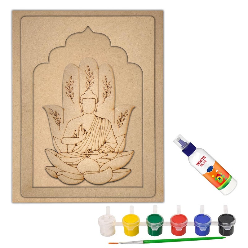 Wrapping Studio MDF Board for Lippan Art - Pre-Marked Lord Buddha in Jharokha Design Cutouts for Craft, Painting, DIY Projects - Eco-Friendly MDF Wood, 30x23 cm, with Colors and Glue - Image 1