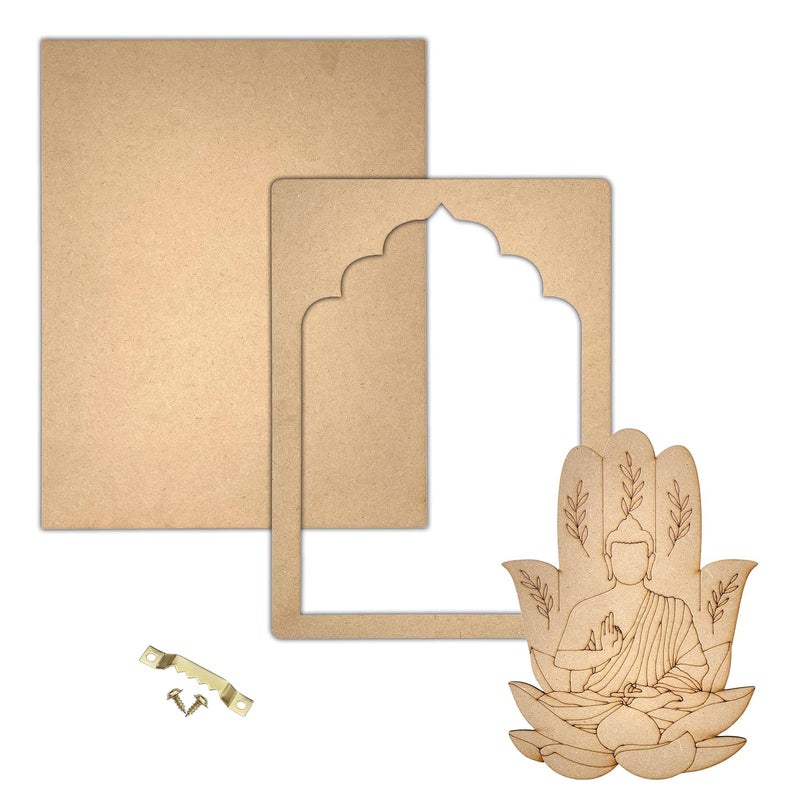 Wrapping Studio MDF Board for Lippan Art - Pre-Marked Lord Buddha in Jharokha Design Cutouts for Craft, Painting, DIY Projects - Eco-Friendly MDF Wood, 30x23 cm, with Colors and Glue - Image 2