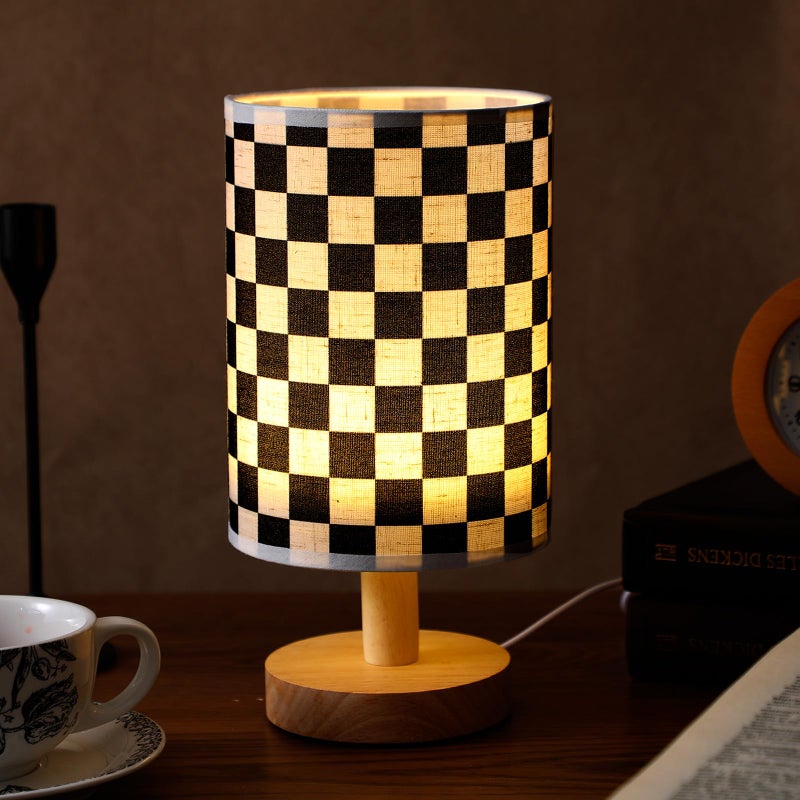 Baquler Bedside Lamp for Bedroom Black White Checkered Table Lamp with USB Racing Birthday Party Gifts Wood Base Round Flaxen Fabric Shade for Desk Living Room Office Classroom - Image 1