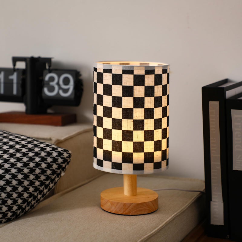 Baquler Bedside Lamp for Bedroom Black White Checkered Table Lamp with USB Racing Birthday Party Gifts Wood Base Round Flaxen Fabric Shade for Desk Living Room Office Classroom - Image 3