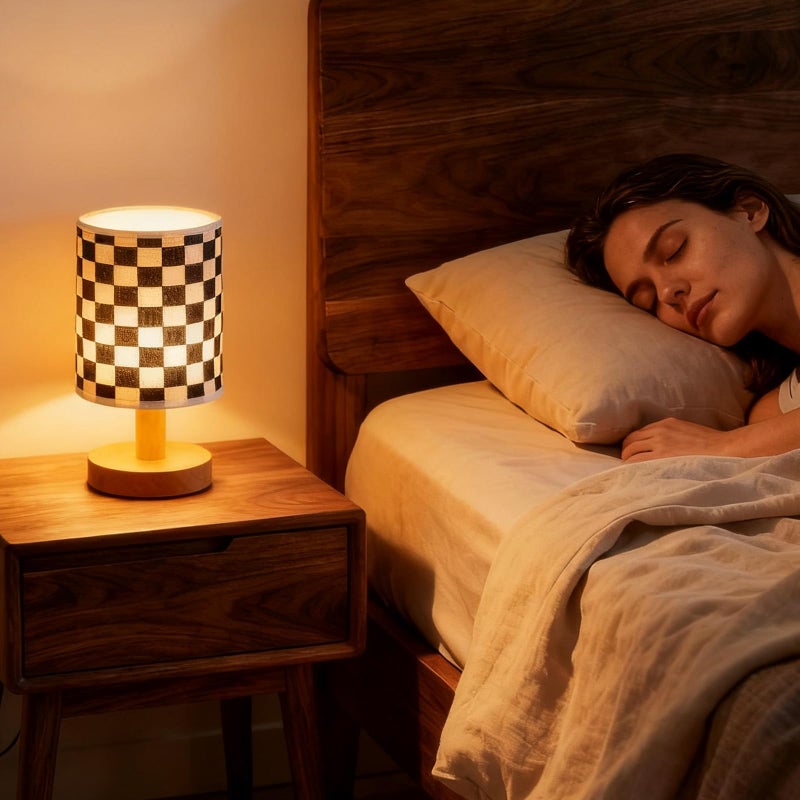 Baquler Bedside Lamp for Bedroom Black White Checkered Table Lamp with USB Racing Birthday Party Gifts Wood Base Round Flaxen Fabric Shade for Desk Living Room Office Classroom - Image 5