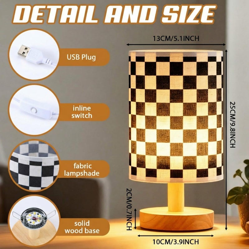 Baquler Bedside Lamp for Bedroom Black White Checkered Table Lamp with USB Racing Birthday Party Gifts Wood Base Round Flaxen Fabric Shade for Desk Living Room Office Classroom - Image 2