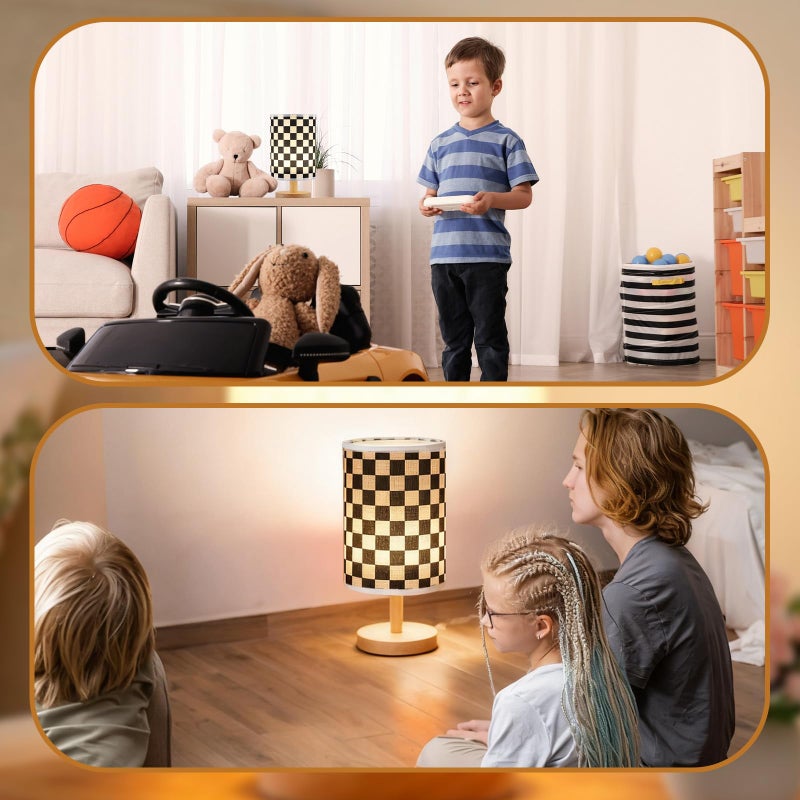 Baquler Bedside Lamp for Bedroom Black White Checkered Table Lamp with USB Racing Birthday Party Gifts Wood Base Round Flaxen Fabric Shade for Desk Living Room Office Classroom - Image 4