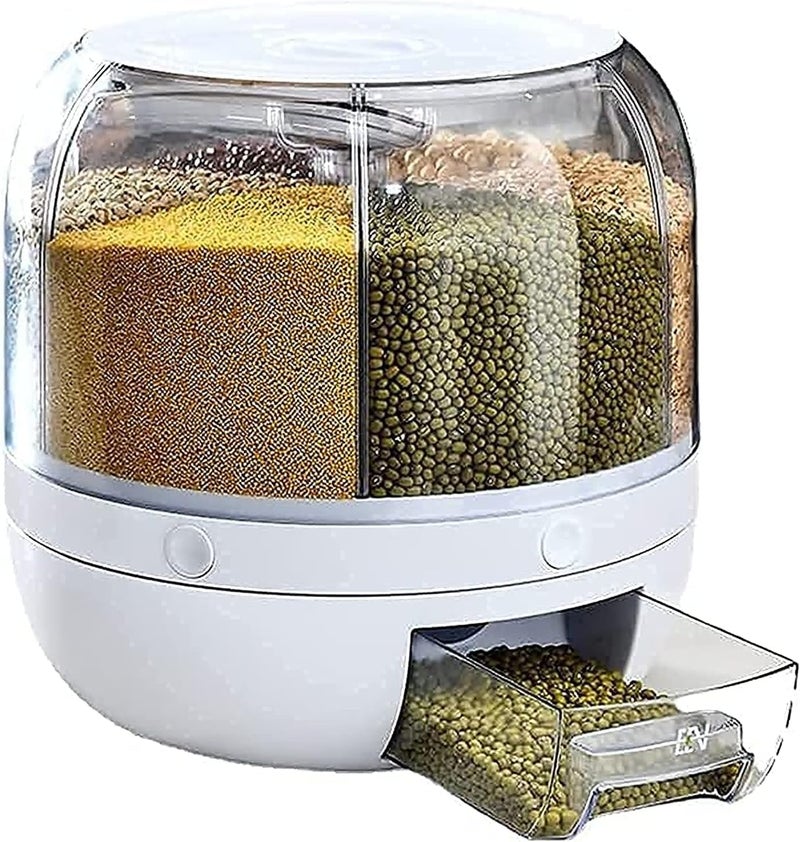 Delavala Large Grain Dispenser, Grain and Rice Storage Container Kitchen, 360° Rotating 6 Grid Cereal Dispenser, Dry Food Soybean Corn Sugar Flour Dog Cat Food spice Rack Dispenser Bucket Kitchen - Image 3