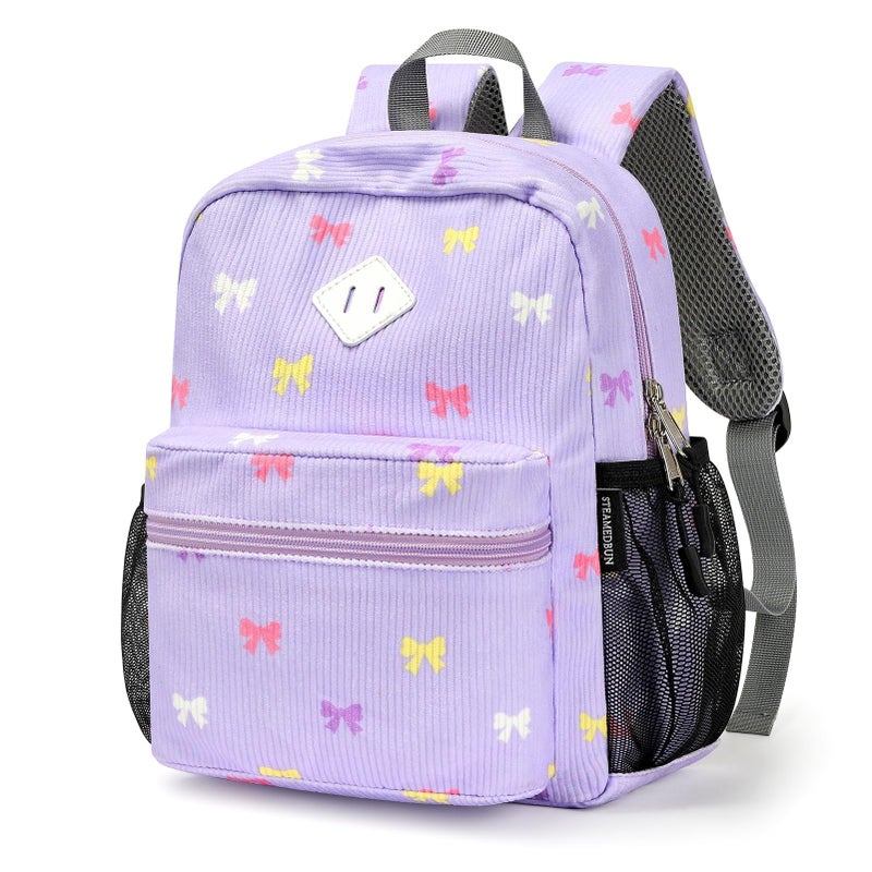 STEAMEDBUN Corduroy Toddler Backpack for Girls 24 Kids Preschool Backpack for Kindergarten Purple Bow - Image 2