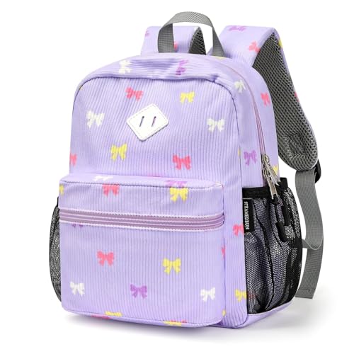 STEAMEDBUN Corduroy Toddler Backpack for Girls 24 Kids Preschool Backpack for Kindergarten Purple Bow - Image 1