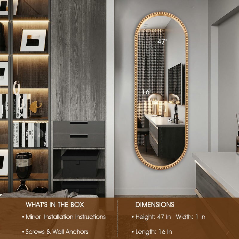 Fobule مرآة فوبول البيضاوية كاملة الطول، 16"x47" إطار معدني مزخرف كبير لتعليقها في غرفة النوم، غرفة المعيشة، المدخل، ذهب عتيق (بدون قاعدة) - Image 2