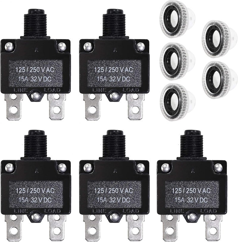 Fuzbaxy 5PCS 15Amp Circuit Breakers with Push Button Reset 32VDC,AC125-250V with Quick Connect Terminals and Waterproof Button Cap - Image 1