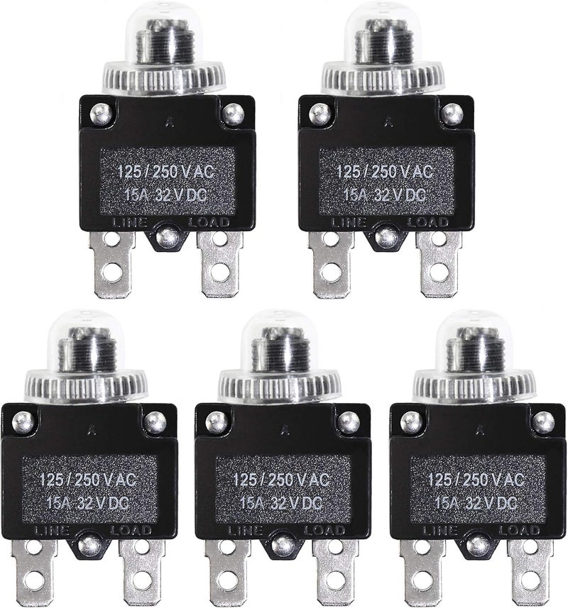 Fuzbaxy 5PCS 15Amp Circuit Breakers with Push Button Reset 32VDC,AC125-250V with Quick Connect Terminals and Waterproof Button Cap - Image 2