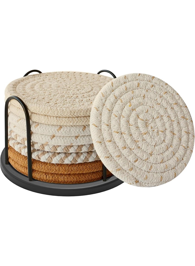 يلا جوي مجموعة من 8 قطع من قواعد الأكواب مع حامل، مجموعة واقي طاولة ماص مانع للانزلاق، قاعدة ماصة منسوجة من القطن بأربعة ألوان للديكور المنزلي، حماية سطح الطاولة، مناسبة لأنواع الأكواب والقهوة - Image 1