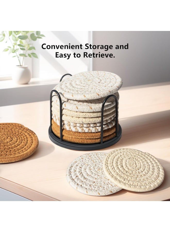 يلا جوي مجموعة من 8 قطع من قواعد الأكواب مع حامل، مجموعة واقي طاولة ماص مانع للانزلاق، قاعدة ماصة منسوجة من القطن بأربعة ألوان للديكور المنزلي، حماية سطح الطاولة، مناسبة لأنواع الأكواب والقهوة - Image 4