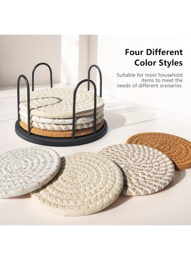 يلا جوي مجموعة من 8 قطع من قواعد الأكواب مع حامل، مجموعة واقي طاولة ماص مانع للانزلاق، قاعدة ماصة منسوجة من القطن بأربعة ألوان للديكور المنزلي، حماية سطح الطاولة، مناسبة لأنواع الأكواب والقهوة - Image 5