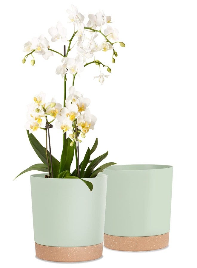 Kubvici Indoor Plant Pots Set of 2 Planters 8 inch Plastic Planter with Hole & Saucer Modern Decorative for Outdoor Garden Home (Green, 8 inch) - Image 1