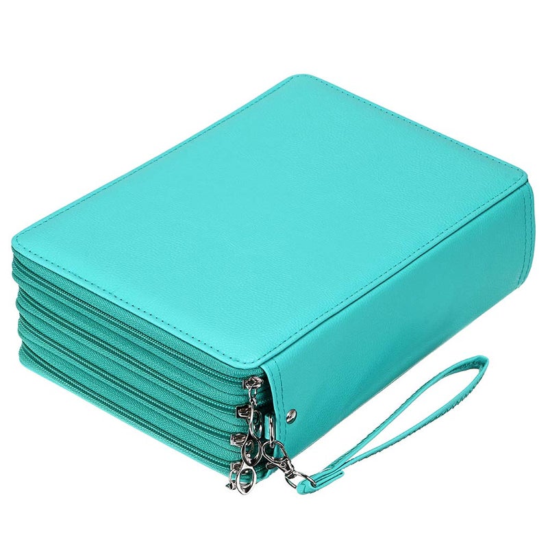 BTSKY 200 Slots Colored Pencil Organizer Deluxe PU Leather Pencil Case Holder With Removal Handle Strap Pencil Box Large for Colored Pencils Watercolor Pencils Green