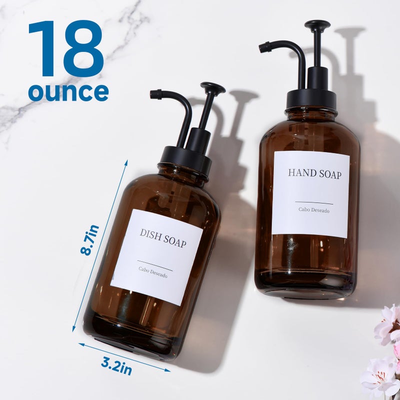 Cabo Deseado Glass Soap Dispenser with Pump, Dish and Hand Soap Dispenser for Kitchen Bathroom Set, Clear Glass Dispenser Set of 2 Pack with 18 Stickers Funnel Bamboo Tray 500ml 18oz Amber - Image 3