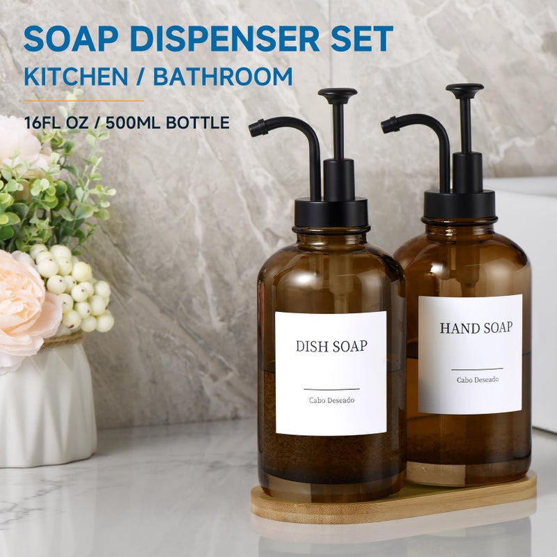 Cabo Deseado Glass Soap Dispenser with Pump, Dish and Hand Soap Dispenser for Kitchen Bathroom Set, Clear Glass Dispenser Set of 2 Pack with 18 Stickers Funnel Bamboo Tray 500ml 18oz Amber - Image 4