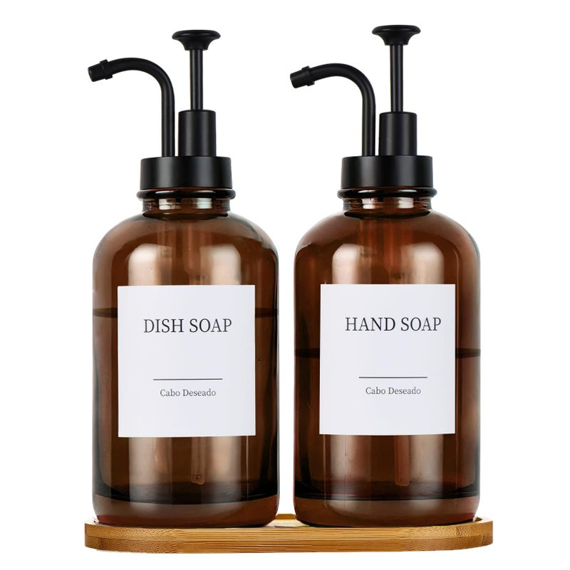 Cabo Deseado Glass Soap Dispenser with Pump, Dish and Hand Soap Dispenser for Kitchen Bathroom Set, Clear Glass Dispenser Set of 2 Pack with 18 Stickers Funnel Bamboo Tray 500ml 18oz Amber - Image 1