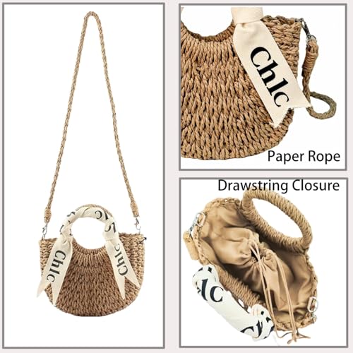 Eiyye Handmade Paper Rope Crossbody Bag for Women Lightweight Summer Straw-Style Bag with Removable Shoulder Strap, Drawstring Closure, Small Capacity for Phone, Wallet & Keys(khaki - Image 4